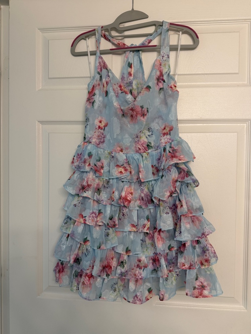 Lulus Trending Adorable Light Blue Floral Tiered Halter Mini Dress - Size M